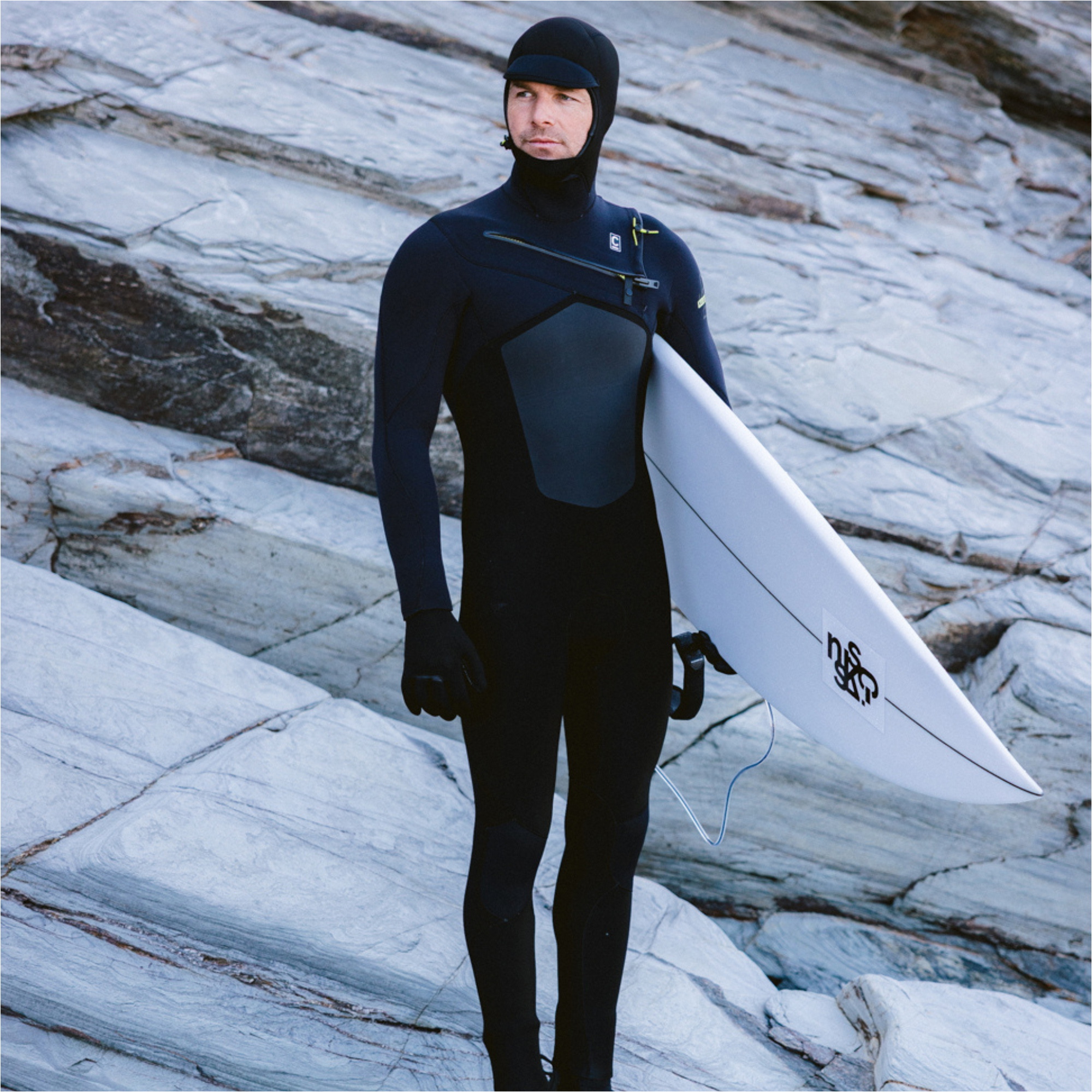 2026 C-Skins Mens Nuwave Rewired 6/5mm Hooded Chest Zip Wetsuit CRW65MH - Black / Black / Lime